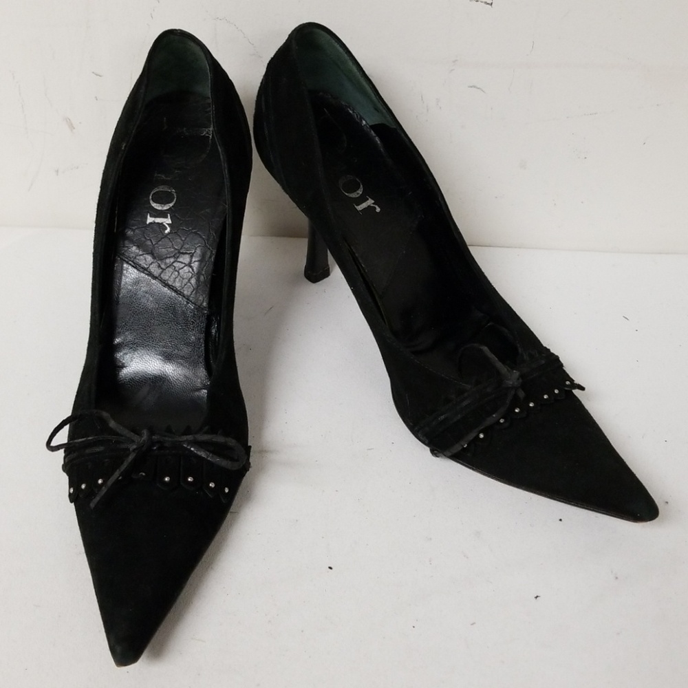 Dior Black Suede Fringe Peep Toe Pumps Heels 36